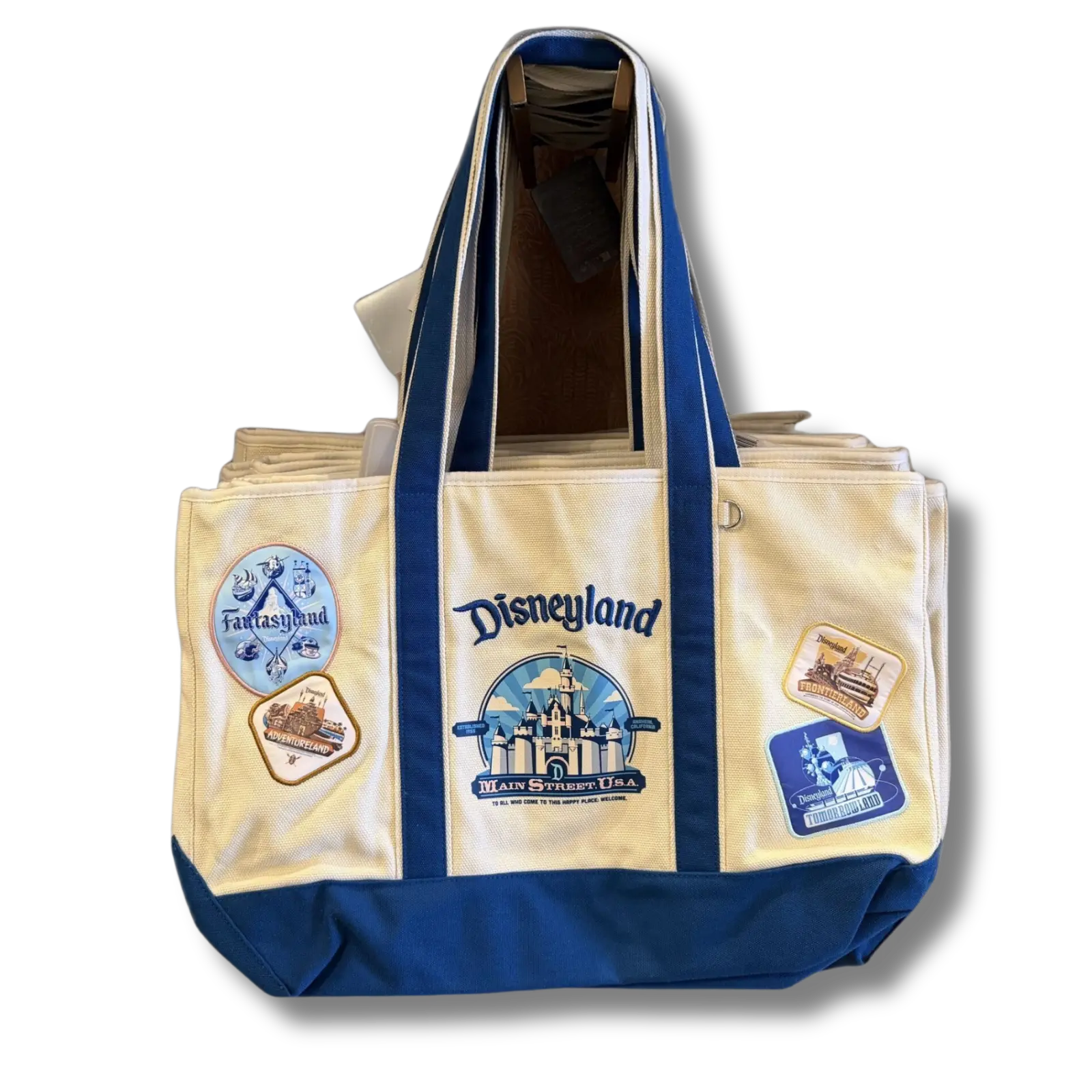 Disneyland canvas tote bag with park land patches